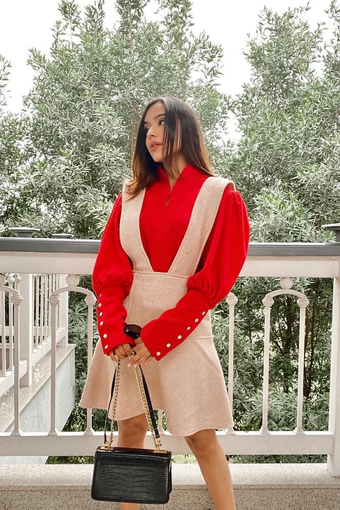 Beige Textured Tweed Dungaree With Red Sweater